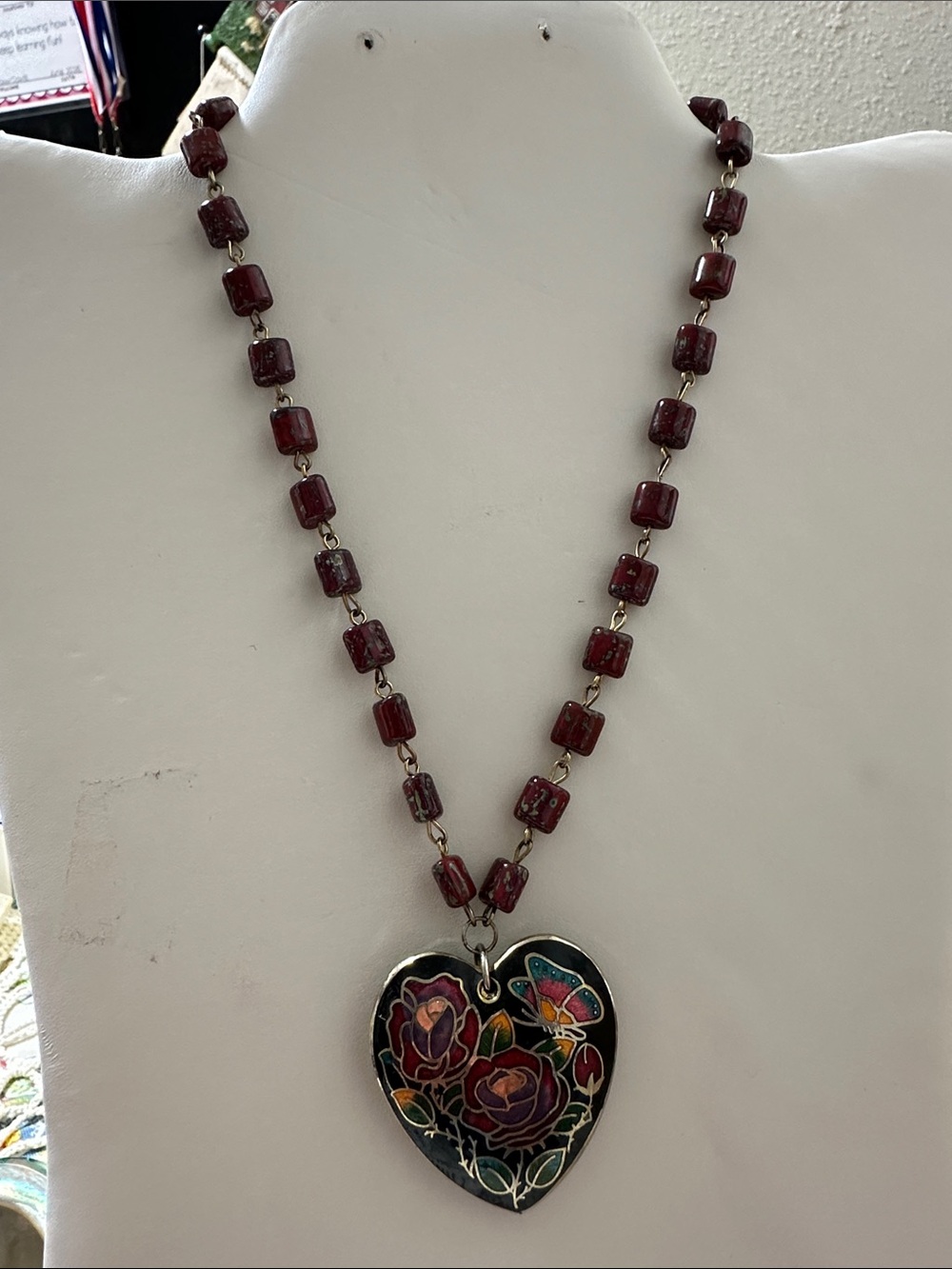 Vtg Cloisonne Puffy Heart Pendant Double Sided Butterfly Floral Enamel Colorful
